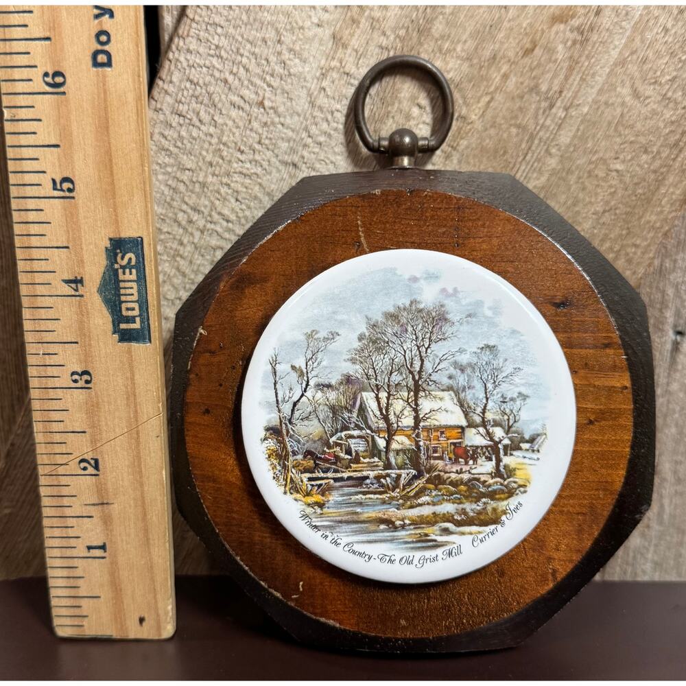 Octagonal Currier & Ives Scene Wood Wall Plaque Winter In The Country Grist Mill